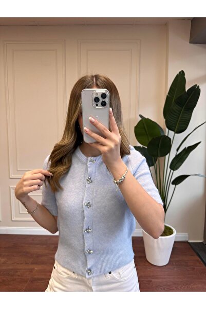 Alyalisbutik Ribbed knit sweater with ribbon button detail - baby blue