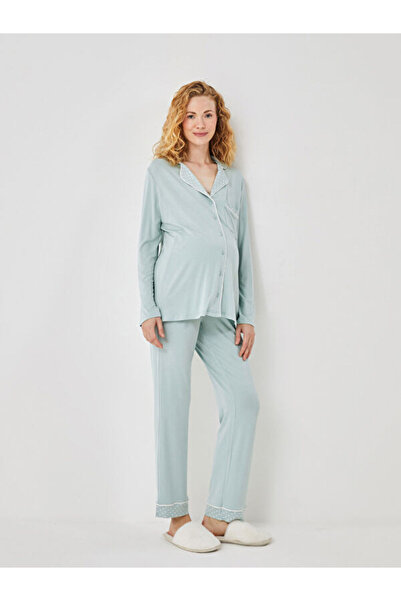 LC Waikiki Σετ πιτζάμες εγκυμοσύνης με μακρύ μανίκι με ίσιο γιακά πουκάμισου