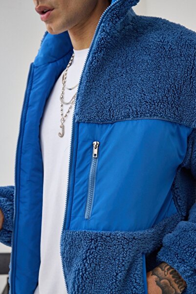 MADZEYMODA Men's Lined Indigo Blue Plush Coat Mz86060