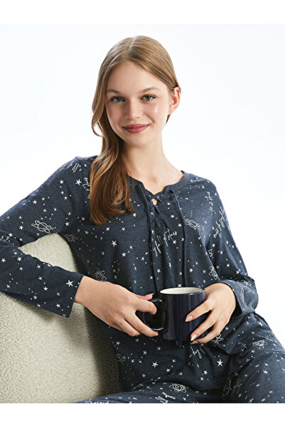 LC Waikiki Tie Collar Patterned Women's Pajama Set