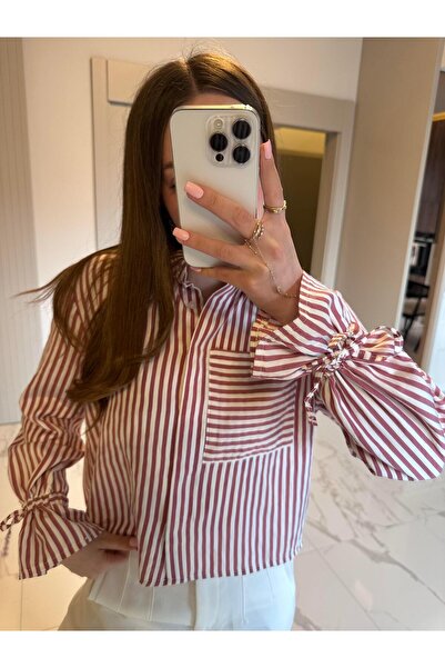 Alyalisbutik قميص مودال مخطط بتفاصيل أكمام مطوية - لون أحمر داكن