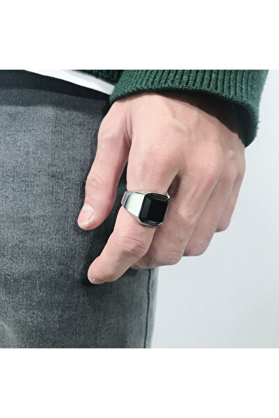 Kracer Silver steel ring with black zircon stone