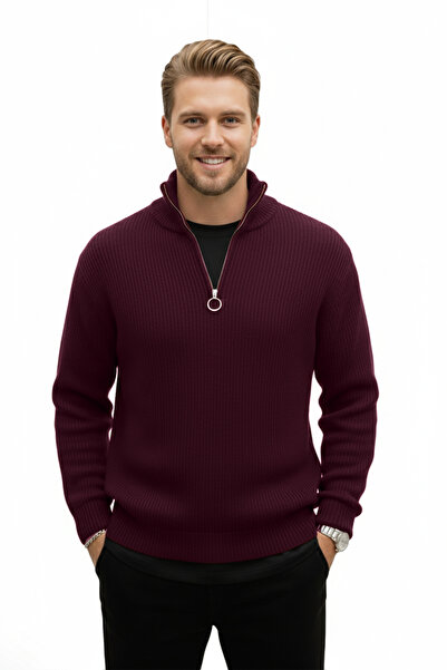 DeepSEA Men's Burgundy Half Zip Oversized Cut Knitwear Sweater – 100% Cotton Knit Sweater 2608511