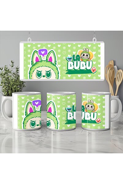 Beramussa كوب شخصية لابوبو - تصميم لطيف لشخصية لابوبو مع نمط قلب على خلفية خض...