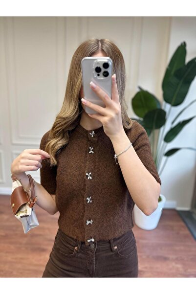 Alyalisbutik Ribbon Button Detail Cardigan Sweater - Brown