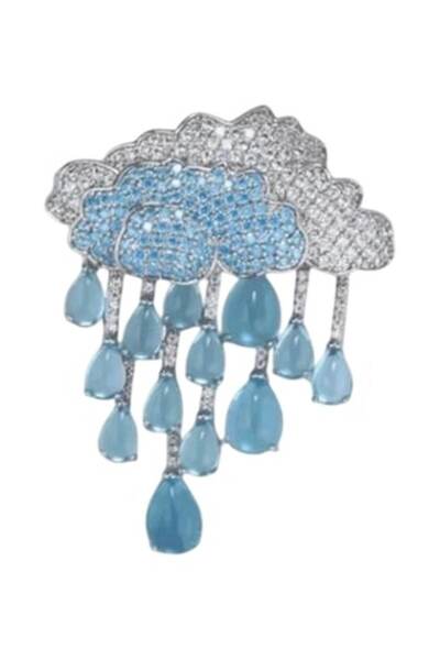 The Casius. Καρφίτσα Casius Cloud με σταγόνες βροχής, 4 x 3,5 cm, λευκό και μπλε