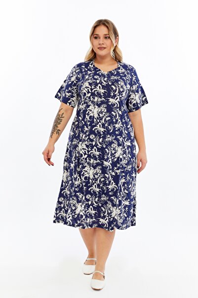 Nehir tekstil Pentagonal Collar Piece Stitched Half Sleeve Plus Size Cotton Combed Dress