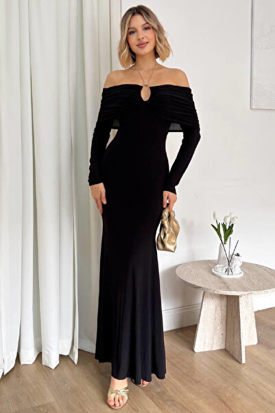 Pissos Black Off-The-Shoulder Long Sleeve Chain Detail Strapless Maxi Dress– Draped Neck Detail, No Slit