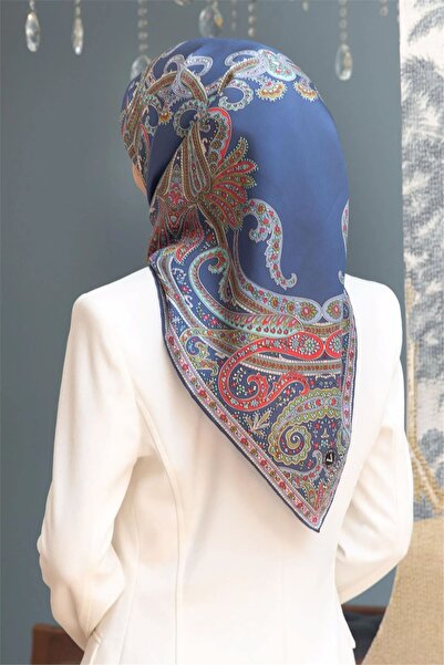 Vissona Blue Ethnic Patterned Tivil Silk Scarf-60777-15-Kvs0799