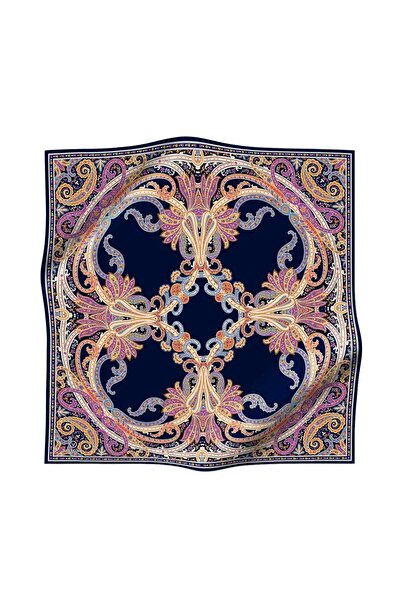 Vissona Navy Blue Ethnic Patterned Tivil Silk Scarf-6077-17-Kvs0801