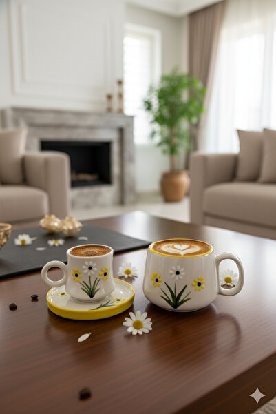 Gezdikçe Bilelim My Dear Self Series Yellow Daisy Patterned, Handmade Ceramic and Mug Set, Mug, Hand Made