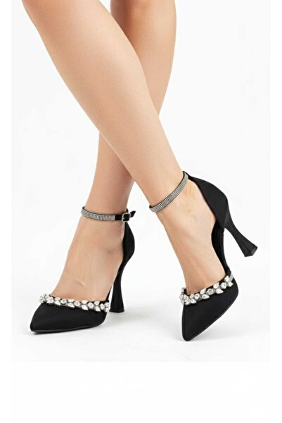 ŞAH Μαύρα σατέν πέτρινα βραδινά παπούτσια με λεπτό τακούνι 9 εκ.