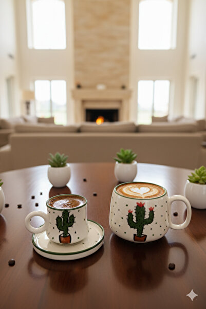 Gezdikçe Bilelim My Dear Self Series Cactus Patterned, Handmade Ceramic and Mug Set, Mug, Hand Made