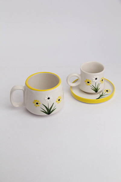 Gezdikçe Bilelim My Dear Self Series Yellow Daisy Patterned, Handmade Ceramic and Mug Set, Mug, Hand Made