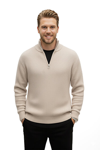 DeepSEA Men's Beige Half-Zip Oversize Cut Knit Sweater – 100% Cotton Knit Sweater 2608511