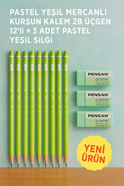 KarmaOfis Pastel Yeşil Mercanlı Kurşun Kalem 2B Üçgen 12li + 3 Adet Pastel Ye...