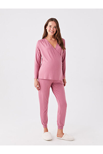 LC Waikiki Double Breasted Neck Plain Long Sleeve Maternity Pajama Set