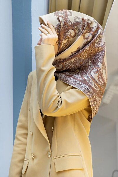 Vissona Beige Brown Ethnic Patterned Twill Silk Scarf-60777-6-KVS0795