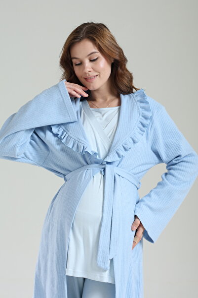 Lohussa Women's Blue Jacquard Shawl Collar Lace Winter Special Design Maternity Pajama Set