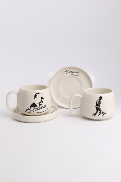 Gezdikçe Bilelim Ataturk Themed Handmade Double Mug with 2 Plates, Ceramic Mug, Mug, Cup, Handmade