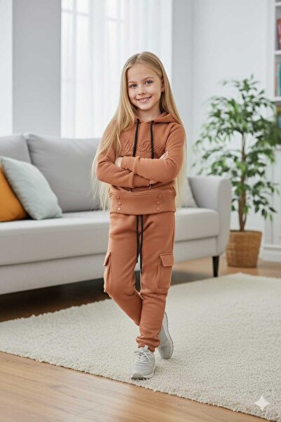 Amur Trendy Girls Solid Color Embroidered 3-Thread Hooded Sweatshirt Set 2-Piece Bottom Top