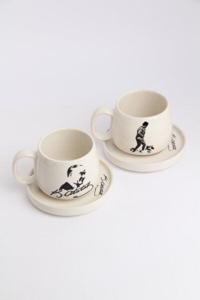Gezdikçe Bilelim Ataturk Themed Handmade Double Mug with 2 Plates, Ceramic Mug, Mug, Cup, Handmade