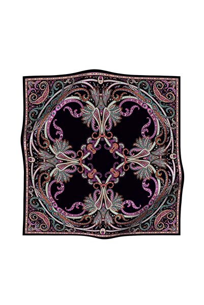 Vissona Black Ethnic Patterned Tivil Silk Scarf-60777-3-Kvs0802