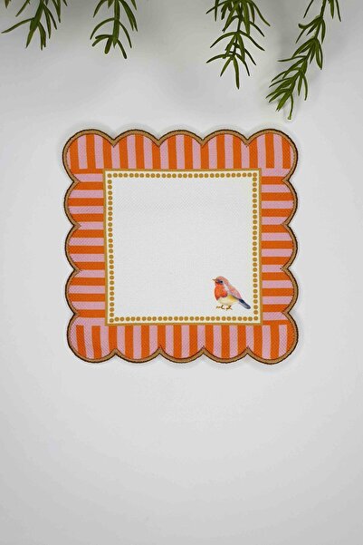 decofav Decorative Edge Bird Orange Pink Patterned Digital Printed Embroidered Cocktail Napkin 1 Piece