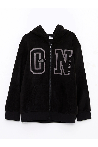 LC Waikiki LCW Kids Siyah Kapüşonlu Nakışlı Uzun Kollu Polar Erkek Çocuk Fermuarlı Sweatshirt