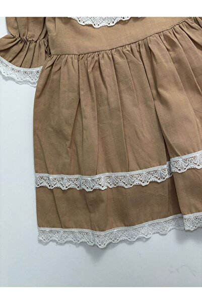 cacobutik Girl Child Lace Lined Linen Dress Special Occasion Birthday Concept Dress Mink