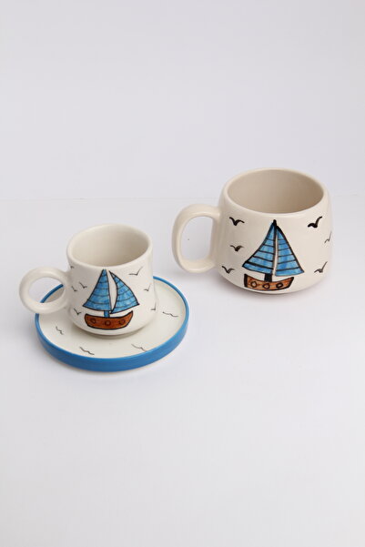 Gezdikçe Bilelim My Dear Self Series Sailing Boat Patterned, Handmade Ceramic and Mug Set, Mug, Hand Made