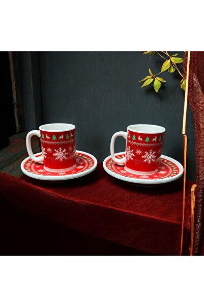 Turkuaz Porselen Yılbaşı Desenli 2’li 4 parça Kahve Fincan Takımı