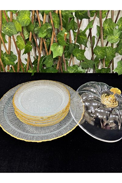 EVRA Cam Şeffaf Gold Renk Ayaklı Pasta Tabaklı Kapaklı İkramlık Sunumluk Kek Fanusu Seti