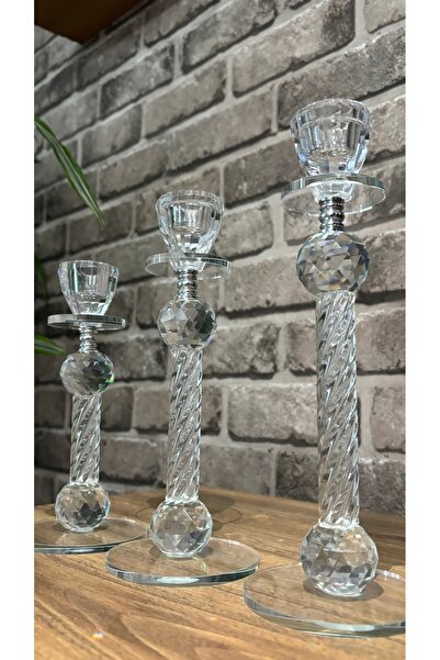 Kiri Dekoratif Kristal Cam Üçlü Burgulu Metalli Şamdan Gümüş