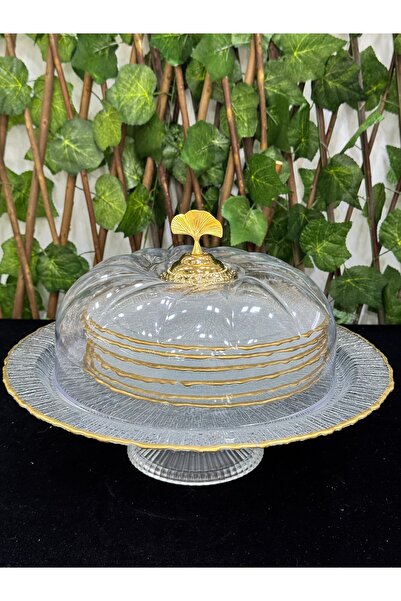 EVRA Cam Şeffaf Gold Renk Ayaklı Pasta Tabaklı Kapaklı İkramlık Sunumluk Kek Fanusu Seti