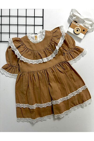 cacobutik Girl Child Lace Lined Linen Dress Special Occasion Birthday Concept Dress Mink