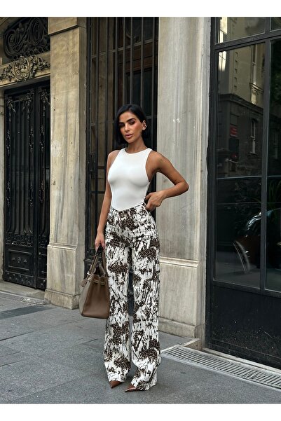 Diviny Women's White High Waist Patchwork Leopard Print Regular Fit Palazzo Jeans