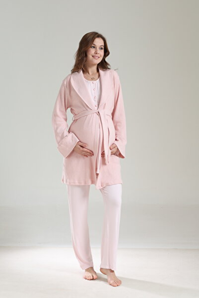 Lohussa Women's Powder Jacquard Shawl Collar Lace Winter Special Design Maternity Pajama Set