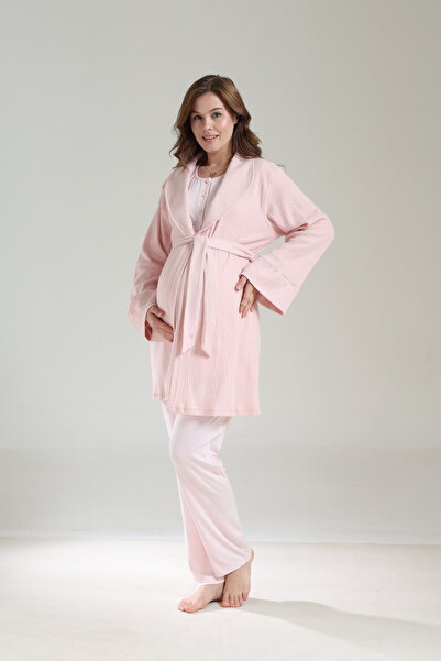 Lohussa Women's Powder Jacquard Shawl Collar Lace Winter Special Design Maternity Pajama Set