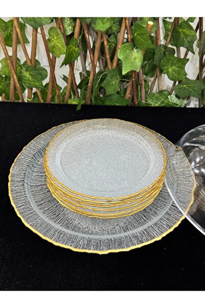 EVRA Cam Şeffaf Gold Renk Ayaklı Pasta Tabaklı Kapaklı İkramlık Sunumluk Kek Fanusu Seti