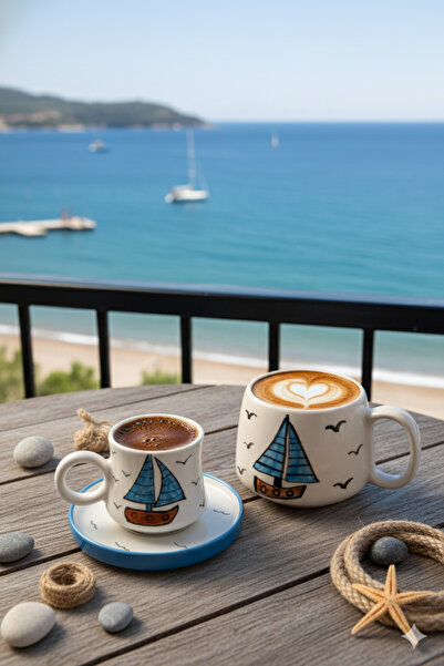 Gezdikçe Bilelim My Dear Self Series Sailing Boat Patterned, Handmade Ceramic and Mug Set, Mug, Hand Made