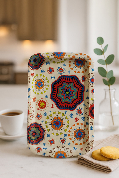 ATAGİFT HEDİYELİK Şık Mandala Desenli Metal Tepsi Çay Kahve Tepsisi - Sunum T...