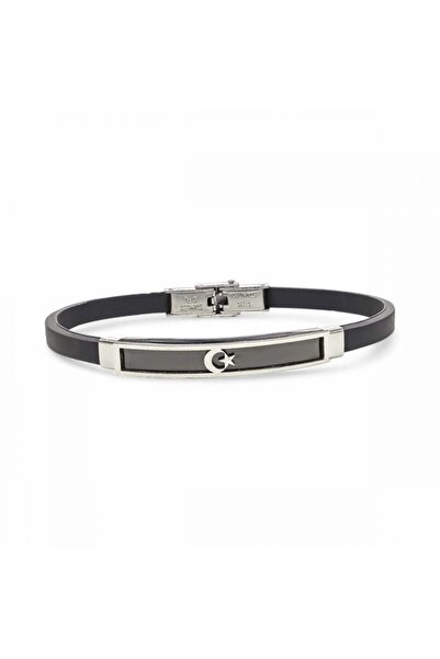 AKSESUARIM Men's Moon Star Silicone Cord Steel Bracelet