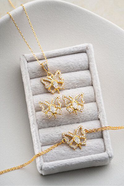 Silvano Jewelry 925 Ayar Gümüş Altın Kaplama Kelebek Kolye Küpe Bileklik Set
