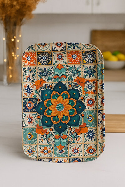 ATAGİFT HEDİYELİK Çiçek Desen Metal Tepsi Çay Kahve Tepsisi - Sunum Tepsisi