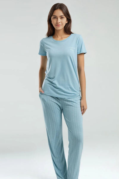 Pierre Cardin Women's Plus Size Pajama Set – Blue Top, Patterned Bottom Model