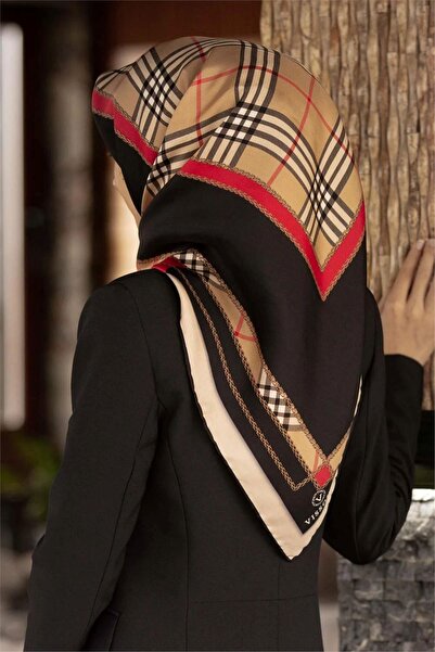 Vissona Black Camel Plaid Pattern Tivil Silk Scarf-50781-6-Kvs0803