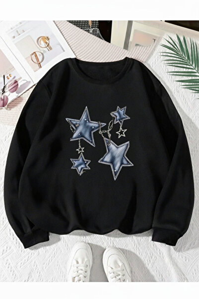 one button Unisex Zincirli Yıldız Baskılı Sıfır Yaka Regular Sweatshirt %100 ...