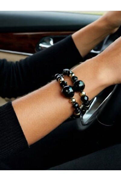 COCOSH TAKI Siyah Gold Boncuklu çoklu Kombin Kadın Bileklik Seti