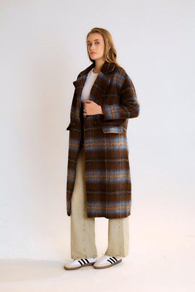 Lavanta Tekstil Double-Breasted Collar Plaid Patterned Coat